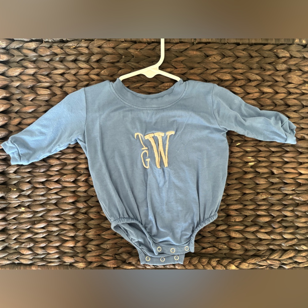 Blue monogrammed long sleeve romper/bubble
